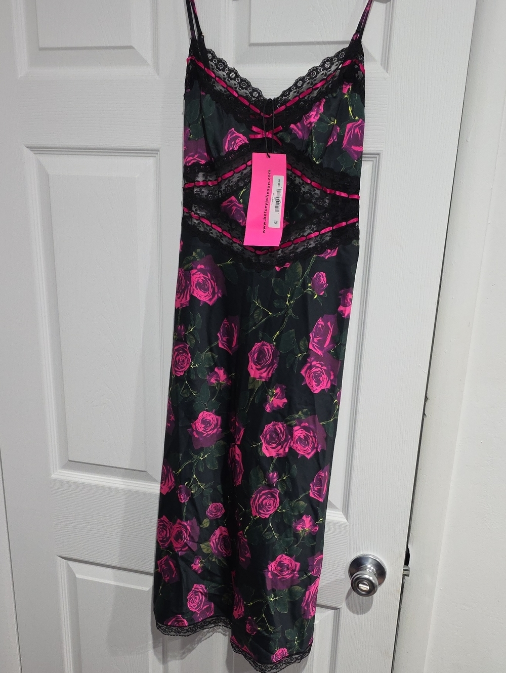 Betsey Johnson Black Midi Slip Dress with Hot Pink Rose Print